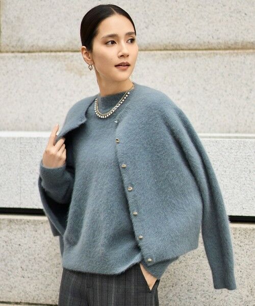 L size ONWARD(大きいサイズ)/エルサイズオンワード 【SHIHOさん着用】ヘアリーフォックス カーディガン ブルー 46 L size ONWARD(大きいサイズ)/エルサイズオンワード 【SHIHOさん着用】ヘアリーフォックス カーディガン ブルー 46