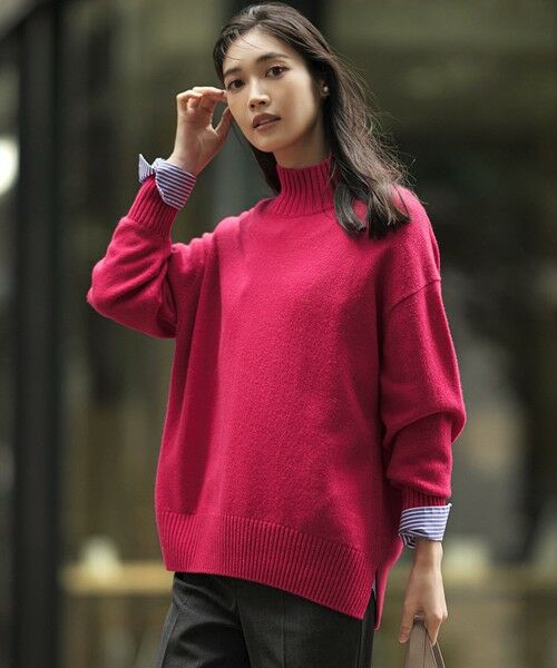 L size ONWARD(大きいサイズ)/エルサイズオンワード 【Oggi12月号掲載/洗える】カシミヤブレンド ハイネック ニット マゼンタ系 46