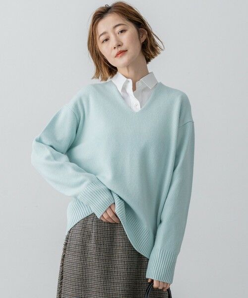 L size ONWARD(大きいサイズ)/エルサイズオンワード 【VERY12月号掲載/洗える】カシミヤブレンド Vネック ニット ライトグリーン系 44