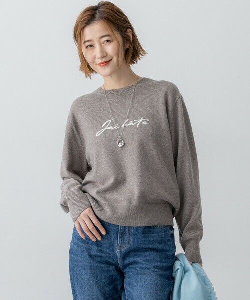 L size ONWARD(大きいサイズ)/エルサイズオンワード 【洗える】インターシャ ロゴ ニット ブラウン系 46