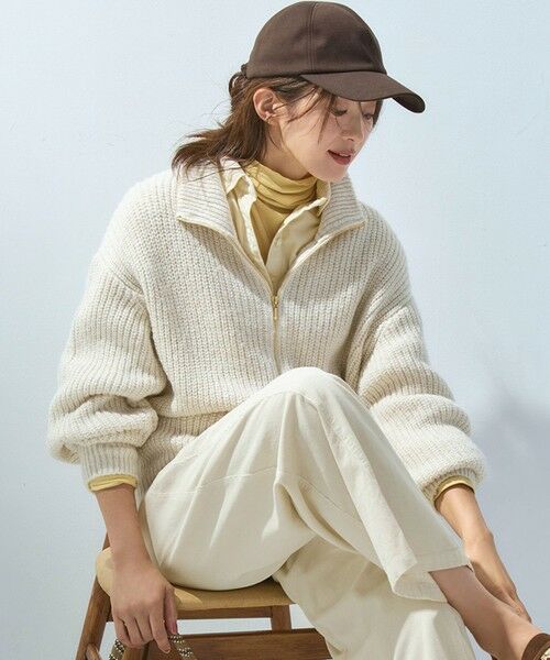 L size ONWARD(大きいサイズ)/エルサイズオンワード 【洗える】スパンコールバルキー ダブルジップ ニットブルゾン アイボリー系 44