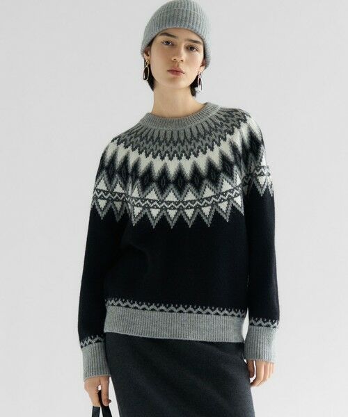 L size ONWARD(大きいサイズ)/エルサイズオンワード 【洗える】ジャガード クルーネック ニット ライトグレーベース 46