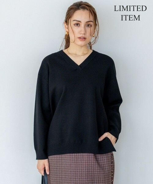 L size ONWARD(大きいサイズ)/エルサイズオンワード 【Lサイズ限定/洗える】ヴィスコースストレッチ Ｖネック ニット ブラック系 44