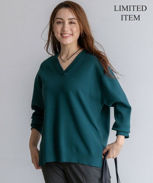 L size ONWARD(大きいサイズ) / エルサイズオンワード ニット・セーター | 【Lサイズ限定/洗える】ヴィスコースストレッチ Vネック ニット(ダークグリーン系)