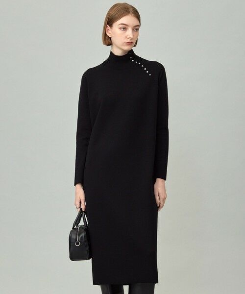 L size ONWARD(大きいサイズ)/エルサイズオンワード 【洗える】 シルキーウールダブルフェイス ハイネックニットワンピース ブラック L