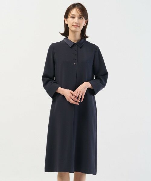 L size ONWARD(大きいサイズ)/エルサイズオンワード 【2way】セラテリーダブルクロス 襟付き ワンピース ネイビー系 T17