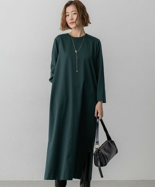 L size ONWARD(大きいサイズ)/エルサイズオンワード 【洗える】メリノウールサテン ワンピース グリーン系 50