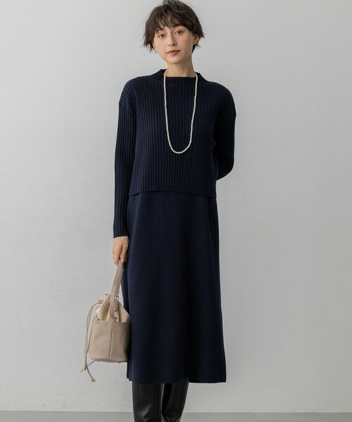 L size ONWARD(大きいサイズ)/エルサイズオンワード 【洗える】レイヤードニットツイン ワンピース ネイビー系 46 L size ONWARD(大きいサイズ)/エルサイズオンワード 【洗える】レイヤードニットツイン ワンピース ネイビー系 46