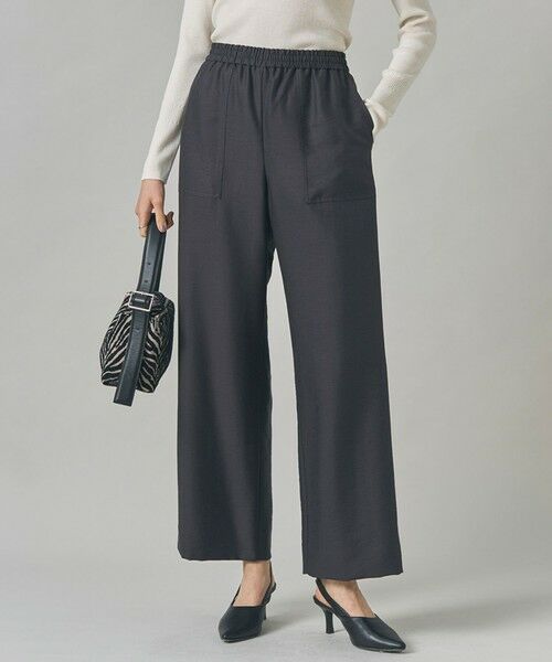 L size ONWARD(大きいサイズ)/エルサイズオンワード 【洗える】ウールワッシャーツイル ワイドストレートパンツ チャコール系 42