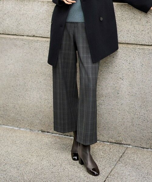 L size ONWARD(大きいサイズ)/エルサイズオンワード 【19号サイズまで展開】TRギャバ裏起毛チェック柄ワイド パンツ チャコール系チェック 44