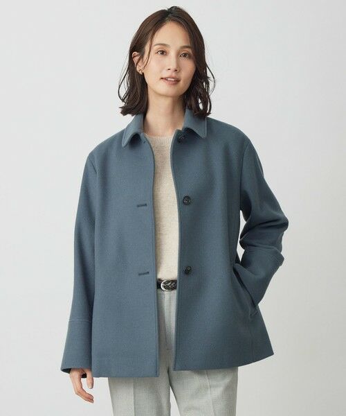 L size ONWARD(大きいサイズ)/エルサイズオンワード ショートビーバー ショート丈 ステンカラー コート ティールブルー系 T15