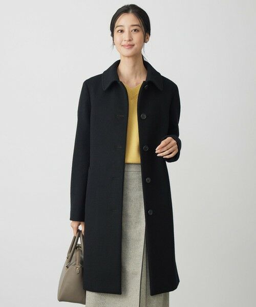 L size ONWARD(大きいサイズ)/エルサイズオンワード ショートビーバー ロング丈 ステンカラー コート ブラック系 T13