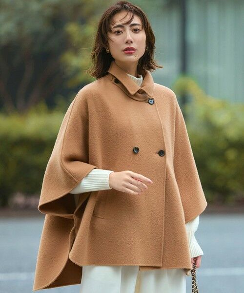 L size ONWARD(大きいサイズ)/エルサイズオンワード 【見上愛さん着用/Oggi11月号掲載】ウールライトリバー ポンチョシルエット コート キャメル系 46
