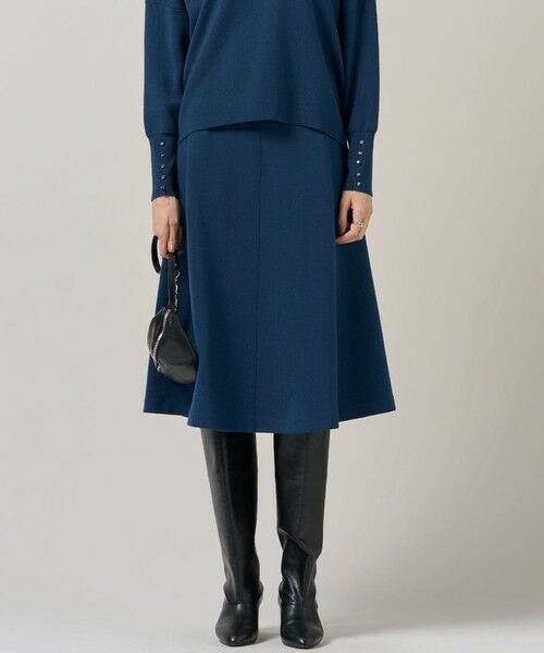 L size ONWARD(大きいサイズ)/エルサイズオンワード 【洗える】 シルキーウールダブルフェイス ニットフレアスカート ブルーグレー L