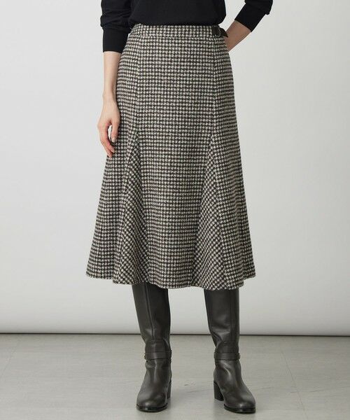 L size ONWARD(大きいサイズ)/エルサイズオンワード ウールシルク ハウンドトゥース フレア スカート ブラウン系 T13