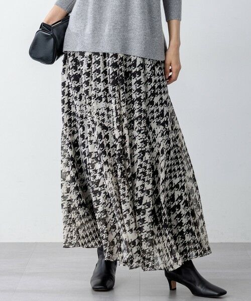 L size ONWARD(大きいサイズ)/エルサイズオンワード 【洗える】ハウンドトゥースアートプリント ギャザー スカート モノトーンプリント 48
