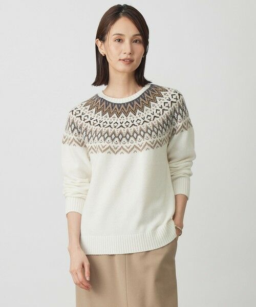 L size ONWARD(大きいサイズ)/エルサイズオンワード FAIR ISLE ラウンドネック ニット オフ系 T13