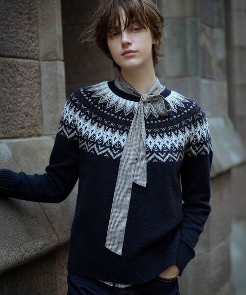 L size ONWARD(大きいサイズ)/エルサイズオンワード FAIR ISLE ラウンドネック ニット ネイビー系 T13