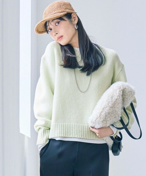 L size ONWARD(大きいサイズ) / エルサイズオンワード ニット・セーター | 【洗える】ウールカシミヤ パフスリーブ ニット(スモーキーグリーン系)