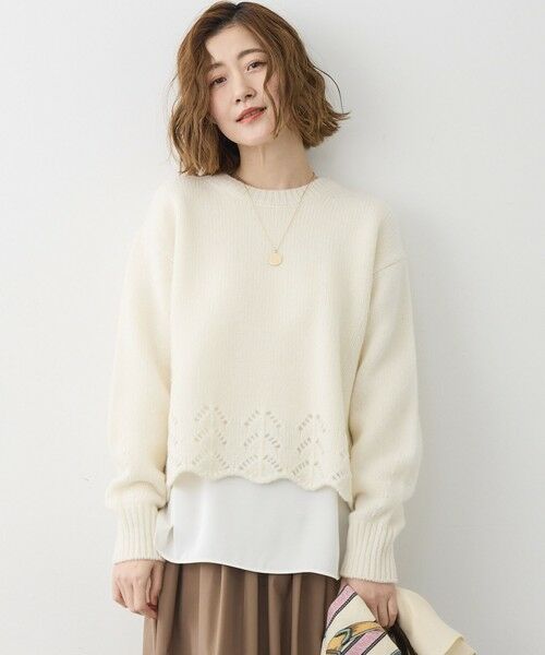 L size ONWARD(大きいサイズ)/エルサイズオンワード 【洗える】レーシーヘムデザイン パフスリーブ ニット アイボリー系 44 L size ONWARD(大きいサイズ)/エルサイズオンワード 【洗える】レーシーヘムデザイン パフスリーブ ニット アイボリー系 44