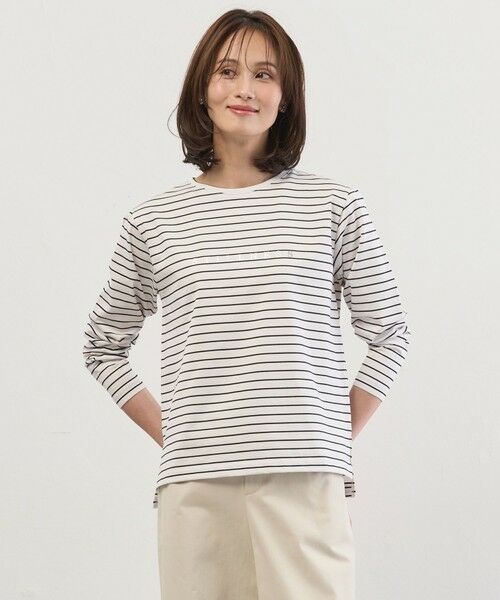 L size ONWARD(大きいサイズ) / エルサイズオンワード カットソー | メタリックロゴ ロンＴ（オフ×ダークネイビー系）