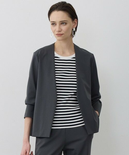 L size ONWARD(大きいサイズ) / エルサイズオンワード ノーカラージャケット | ナイロンストレッチポンチ ノーカラージャケット（チャコール）