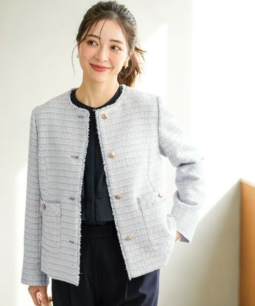 L size ONWARD(大きいサイズ) / エルサイズオンワード ノーカラージャケット | ノーカラーフリンジツイード ジャケット | 詳細7
