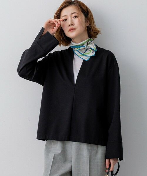 L size ONWARD(大きいサイズ) / エルサイズオンワード カットソー | コンパクトツイル Vネック カットソー（ブラック系）