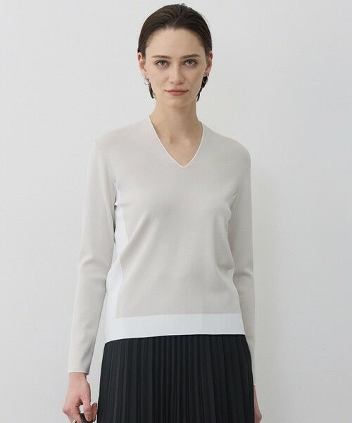 L size ONWARD(大きいサイズ) / エルサイズオンワード ニット・セーター | シンセティックフルニードル Vネックニット（トープ×オフホワイト配色）