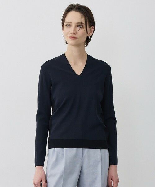 L size ONWARD(大きいサイズ) / エルサイズオンワード ニット・セーター | シンセティックフルニードル Vネックニット（ネイビー×ブラック配色）