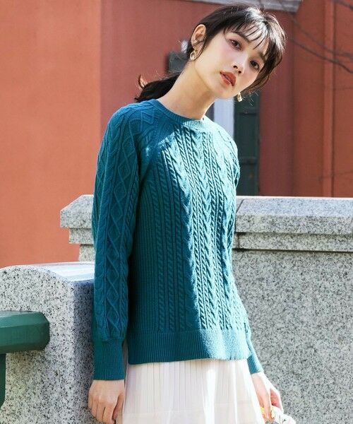 L size ONWARD(大きいサイズ) / エルサイズオンワード ニット・セーター | ケーブル ニット プルオーバー（ダークグリーン）