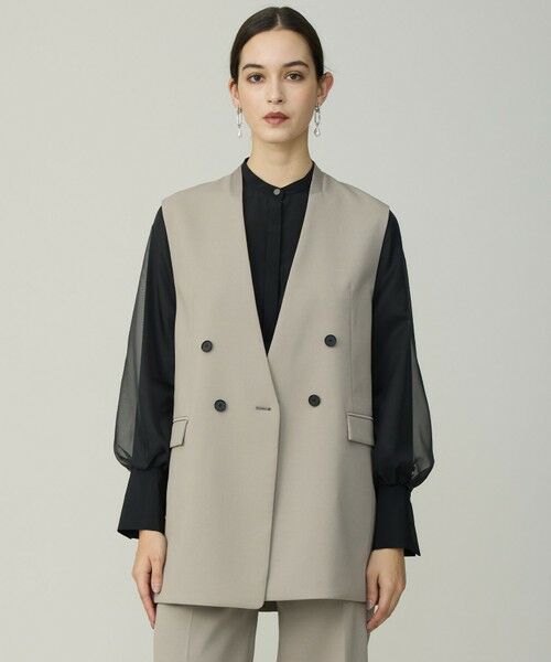 L size ONWARD(大きいサイズ) / エルサイズオンワード ベスト | ハイツイストダブルクロス ノーカラージレ（クレイカーキ）