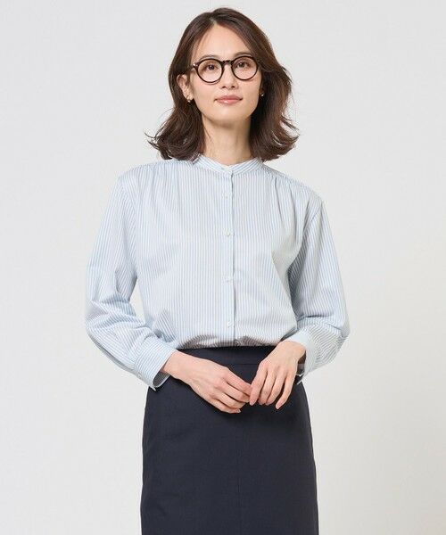 L size ONWARD(大きいサイズ) / エルサイズオンワード カットソー | ストライプジャガード バンドカラー カットソー（アクアストライプ系）