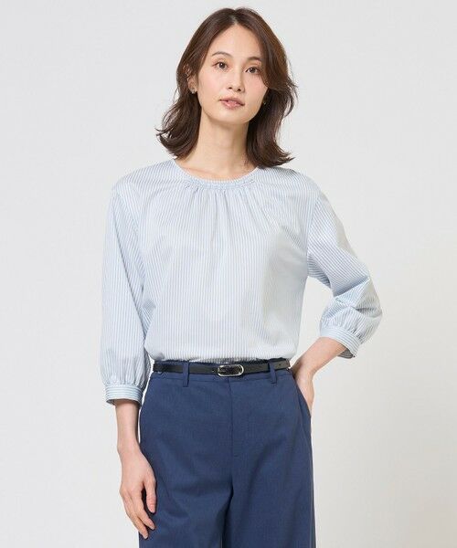 L size ONWARD(大きいサイズ) / エルサイズオンワード カットソー | ストライプジャカード ラウンドネック カットソー（アクアストライプ系）