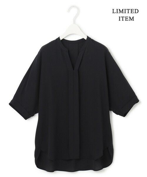 L size ONWARD(大きいサイズ) / エルサイズオンワード シャツ・ブラウス | 【WEB限定】BackSatinAmunzen 5分袖キーネックブラウス（ブラック）