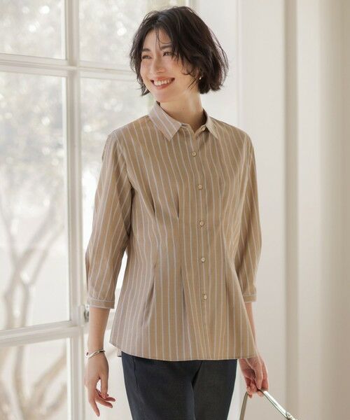 L size ONWARD(大きいサイズ) / エルサイズオンワード シャツ・ブラウス | TC ハイカウントストライプ シャツ ブラウス(モカストライプ系)