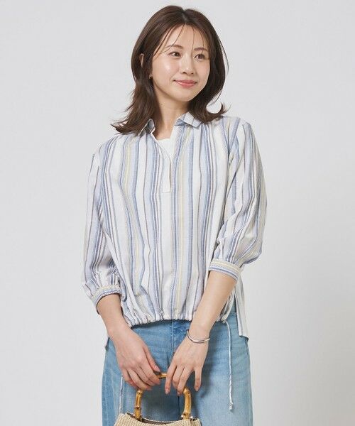 L size ONWARD(大きいサイズ) / エルサイズオンワード シャツ・ブラウス | リネンMIX ストライプ スッキパー ブラウス（ブルーマルチ系）
