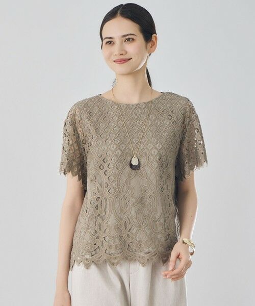 L size ONWARD(大きいサイズ) / エルサイズオンワード シャツ・ブラウス | パネルレース ブラウス（カーキ）