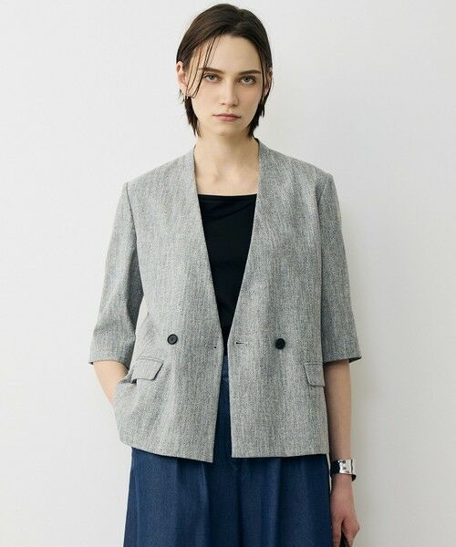 L size ONWARD(大きいサイズ) / エルサイズオンワード ノーカラージャケット | ストレッチMIXツイード 半袖ジャケット（ブラックミックス）