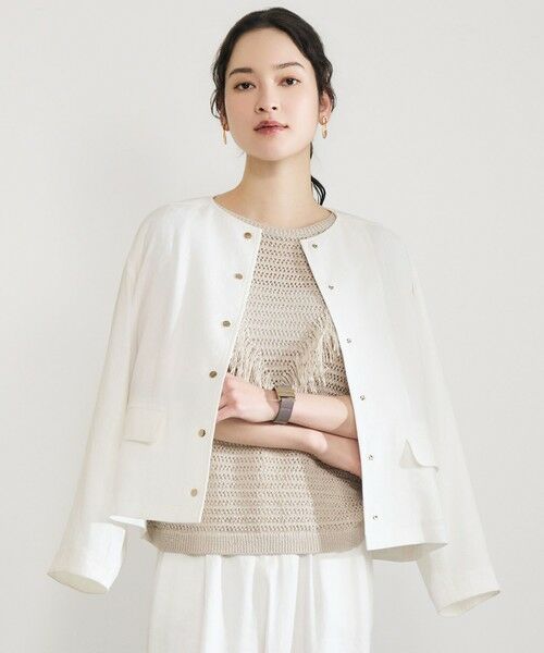 L size ONWARD(大きいサイズ) / エルサイズオンワード ノーカラージャケット | 【カタログ掲載・セットアップ対応】リネンストレッチノーカラー ジャケット（オフ）