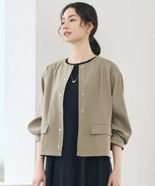 L size ONWARD(大きいサイズ) / エルサイズオンワード ノーカラージャケット | 【カタログ掲載・セットアップ対応】リネンストレッチノーカラー ジャケット（カーキ）