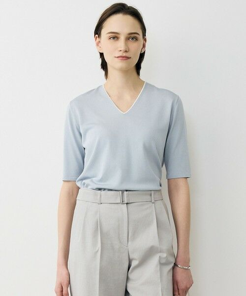 L size ONWARD(大きいサイズ) / エルサイズオンワード ニット・セーター | 【WEB限定カラーあり】 シンセティックハイゲージ 半袖Vネックニット（サックスグレー）