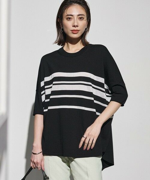 L size ONWARD(大きいサイズ) / エルサイズオンワード ニット・セーター | VIS/NYハイゲージランダムボーダー 半袖ニット（ブラック×オフホワイト）