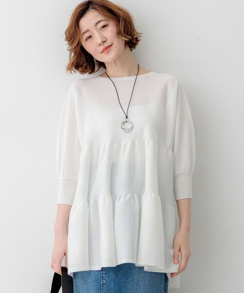 L size ONWARD(大きいサイズ) / エルサイズオンワード ニット・セーター | シャイニーシアーニット ティアード チュニック（ホワイト系）