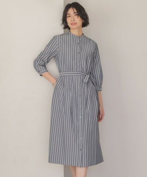 L size ONWARD(大きいサイズ) / エルサイズオンワード ロング・マキシ丈ワンピース | TC ハイカウントストライプ シャツ ワンピース(チャコールストライプ系)