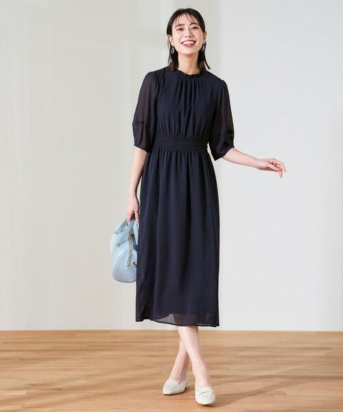 L size ONWARD(大きいサイズ) / エルサイズオンワード ロング・マキシ丈ワンピース | シアーシャーリング ワンピース（ネイビー）