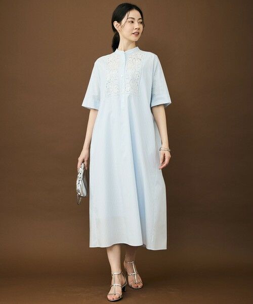 L size ONWARD(大きいサイズ) / エルサイズオンワード ロング・マキシ丈ワンピース | エンブロイダリーブロード ワンピース（サックス×オフ）