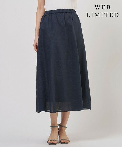 L size ONWARD(大きいサイズ) / エルサイズオンワード ミニ・ひざ丈スカート | 【WEB限定】リネン フレア スカート（【WEB限定】ネイビー系）