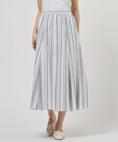 L size ONWARD(大きいサイズ) / エルサイズオンワード ミニ・ひざ丈スカート | リネンMIX ストライプ フレア スカート