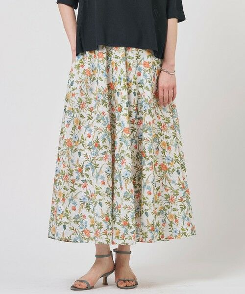 L size ONWARD(大きいサイズ) / エルサイズオンワード ミニ・ひざ丈スカート | スパンボタニカル プリント ロング フレア スカート（オフ系）